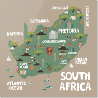 South Africa Illustrated Map Posters and Art